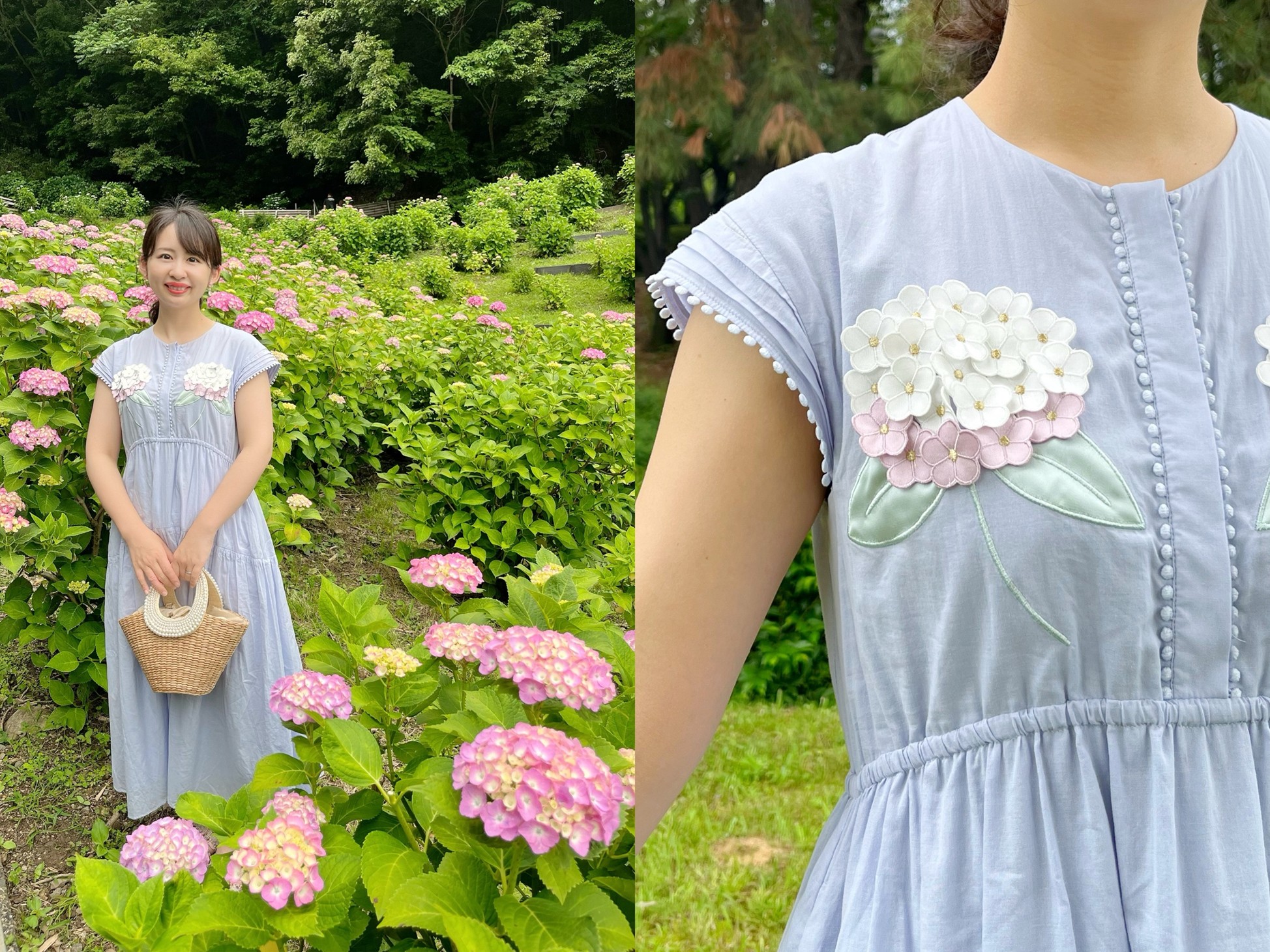 ⽴体的なあじさいモチーフでシーズンムード⾼まる♡軽やかな着⼼地も魅⼒♡ 「紫陽花刺繍ワンピース」