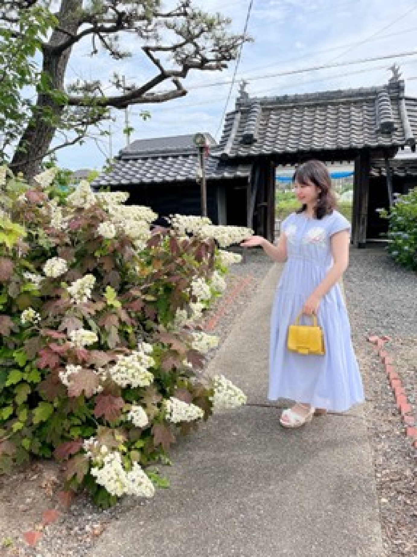 Yurie 紫陽花刺繍ワンピースを着た女性
